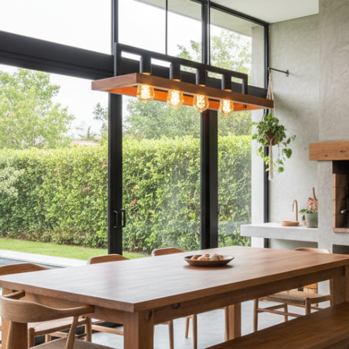 Colgante Industrial Madera Hierro Negro 115 Woody 4 Luces Negro