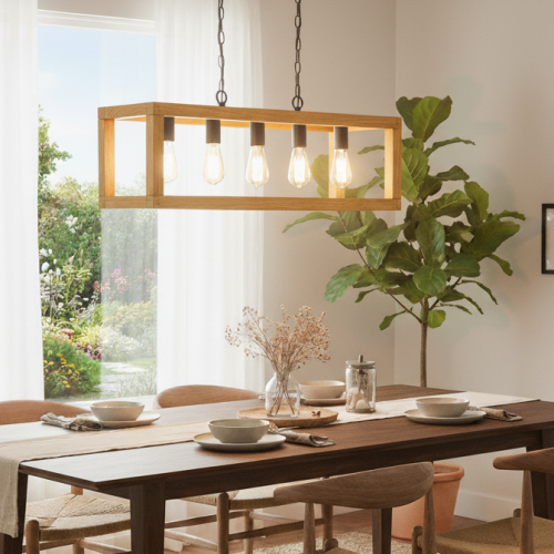 Colgante Madera 123 E27 5 Luces Nordico Madera Y Negro